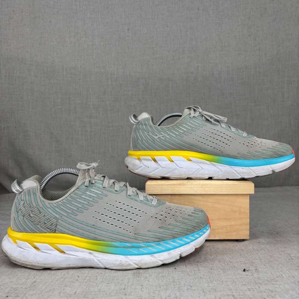 Hoka One One Clifton 5 Gray Yellow Blue Running Shoes Sneakers Women's Size 10.5